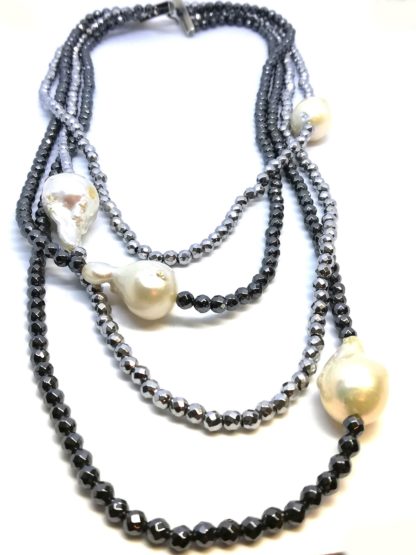 collana donna argento e pietre dure ematite e perle barocche