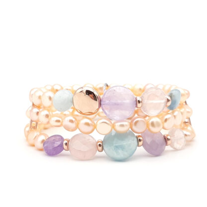 bracciale di perle di acqua dolce acquamarina ametista e quarzo rosa multifilo kikilia fashion