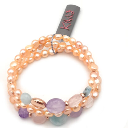 bracciale di perle di acqua dolce acquamarina ametista e quarzo rosa multifilo kikilia fashion