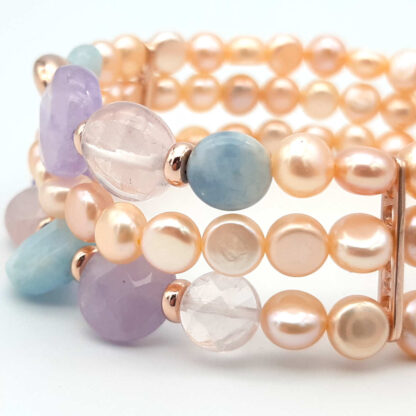 bracciale di perle di acqua dolce acquamarina ametista e quarzo rosa multifilo kikilia fashion