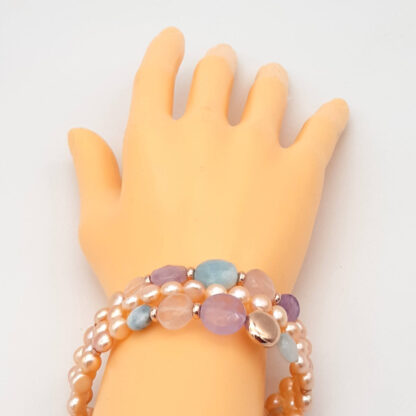 bracciale di perle di acqua dolce acquamarina ametista e quarzo rosa multifilo kikilia fashion