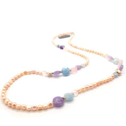 collana lunga di perle di acqua dolce acquamarina ametista e quarzo rosa kikilia fashion