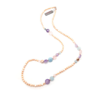 collana lunga di perle di acqua dolce acquamarina ametista e quarzo rosa kikilia fashion