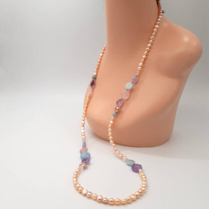 collana lunga di perle di acqua dolce acquamarina ametista e quarzo rosa kikilia fashion