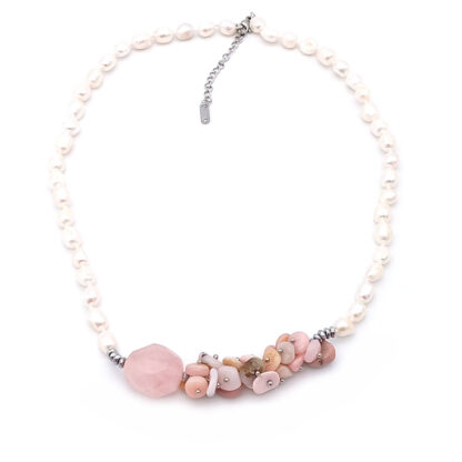 collana donna girocollo in perle di fiume con opale rosa e quarzo rosa