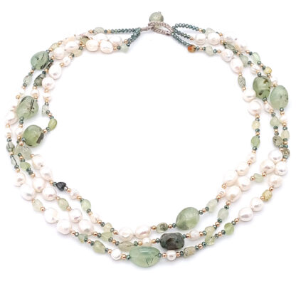 collana multifilo in pietre dure prehnite con perle e cristalli