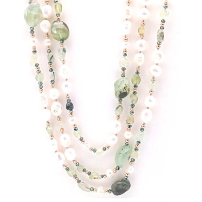 collana multifilo in pietre dure prehnite con perle e cristalli